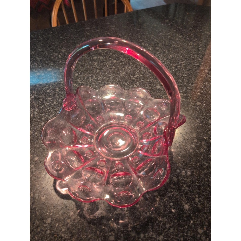 Vtg 12" Fenton Pink Salmon Sun Moon And Stars Large Banana Basket Cadmium Glow